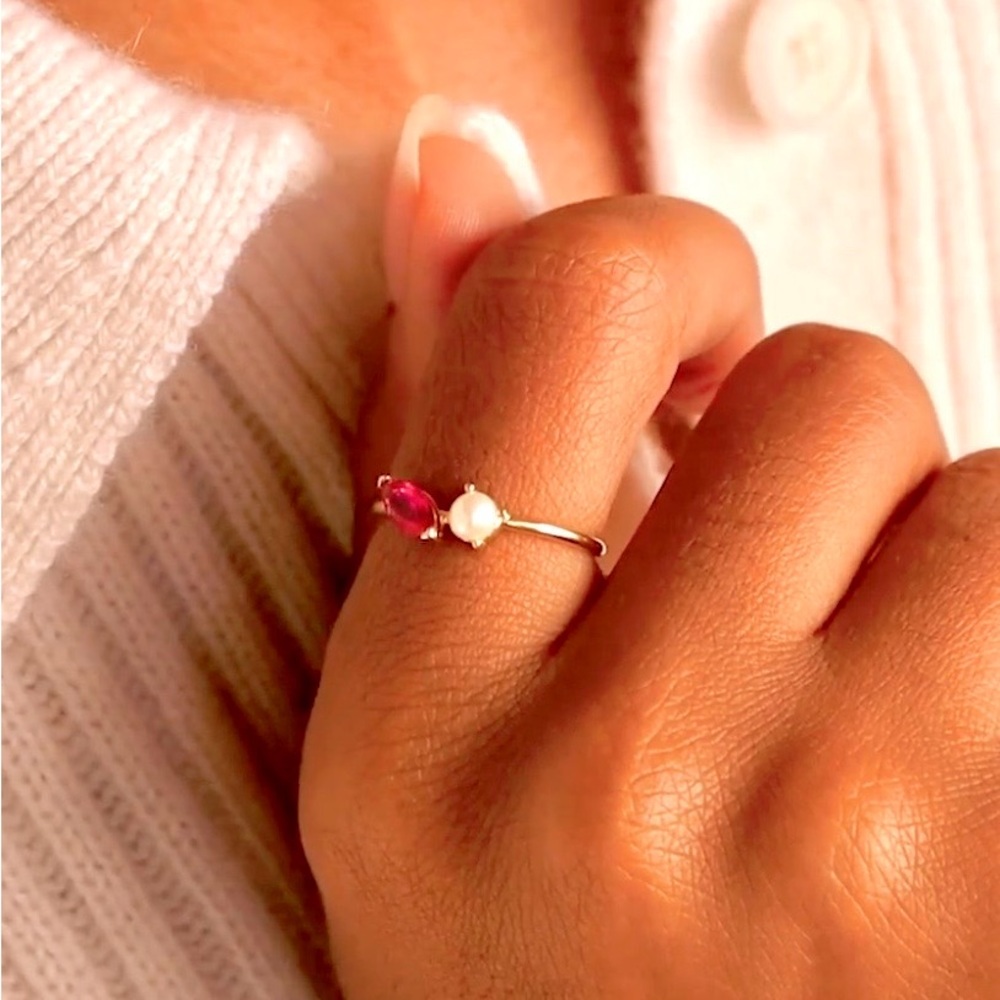 Caitlyn Minimalist Gold Ring with Red Garnet, Marquis, Stone, and White pearl.